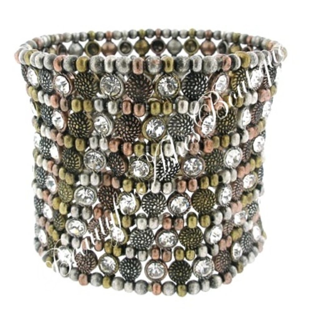 Wide Band Crystal Silver Bead Cuff TriTone Chunky Woman Warrior Stretch Bracelet